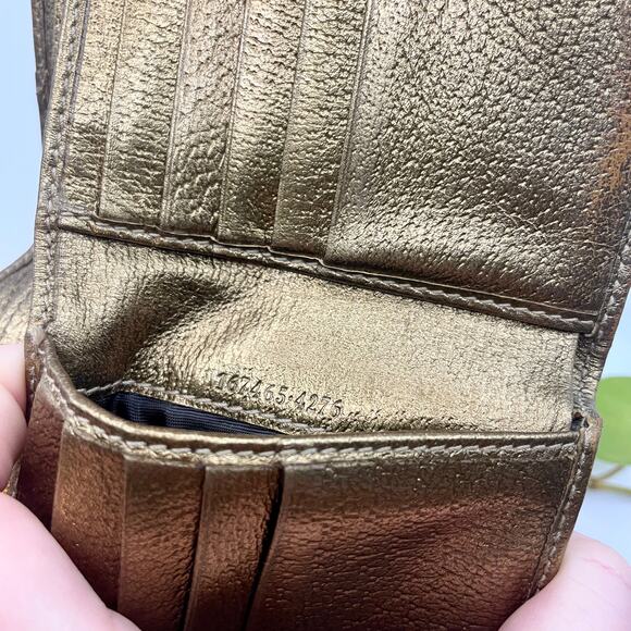 Gucci Gold Bow Beige Brown GG Canvas Leather Compact Square Wallet - Picture 8 of 10